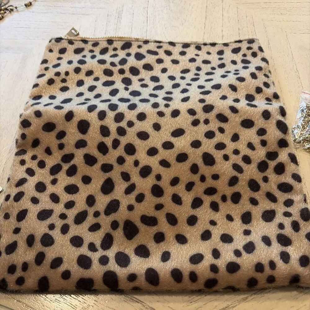 NWT J Animal Print Envelope Purse Evening Clutch Faux Fur Brown Zipper